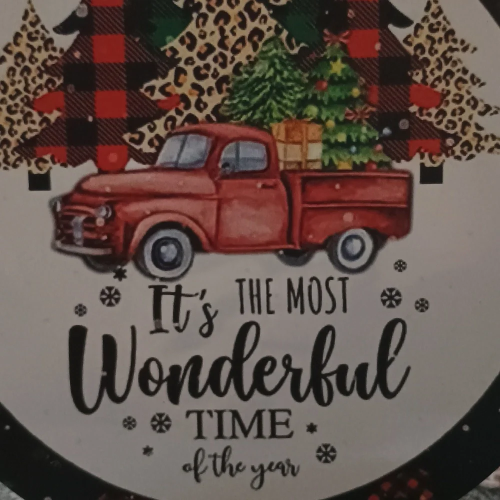 NIP Festive Round Sign with Red Truck and Trees